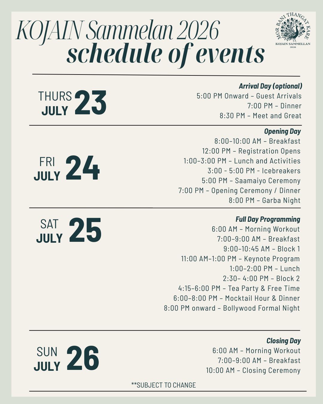 KOJAIN Sammelan 2026 Schedule of Events